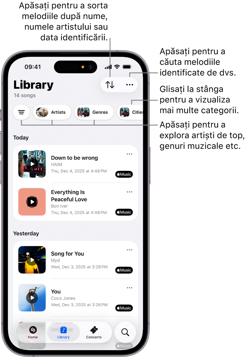 Biblioteca aplicației Shazam afișând opțiunile de căutare și sortare