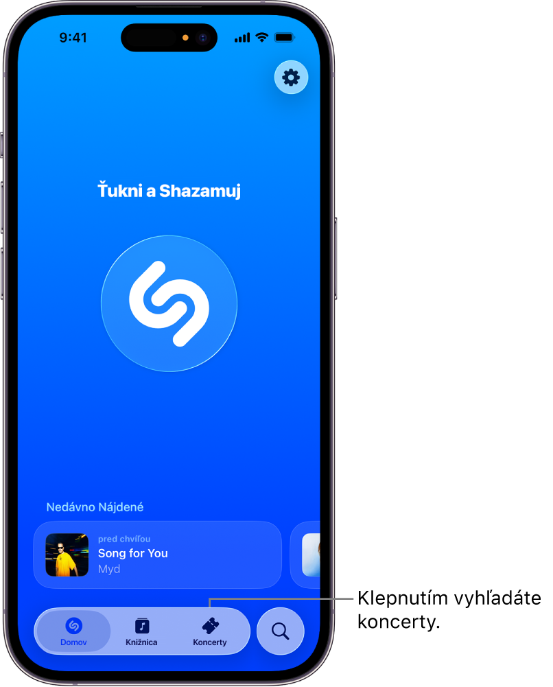 Domovská obrazovka apky Shazam s tlačidlom Koncerty