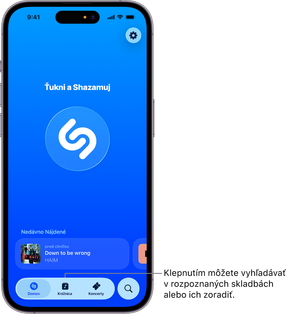 Domovská obrazovka apky Shazam s tlačidlom Knižnica