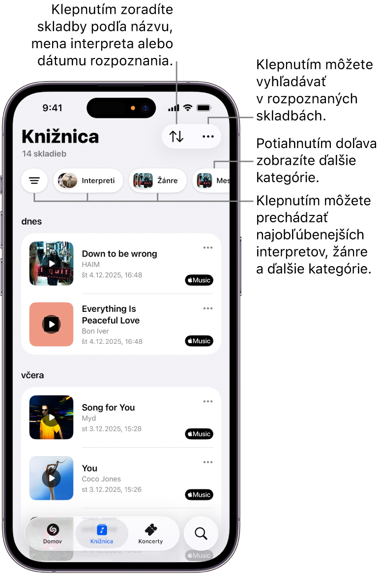 Knižnica apky Shazam zobrazujúca možnosti vyhľadávania a zoradenia