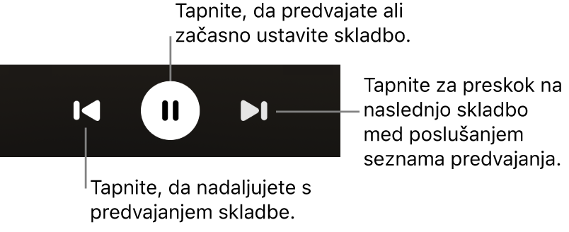 Krmilne funkcije na zaslonu predvajanja Predvaja se, vključno z gumbom Nazaj, Predvajaj/začasno ustavi in Naslednje