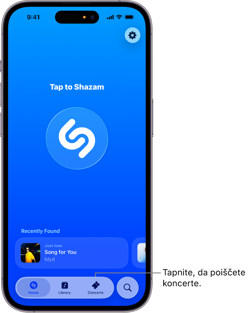 Začetni zaslon aplikacije Shazam prikazuje gumb Concerts