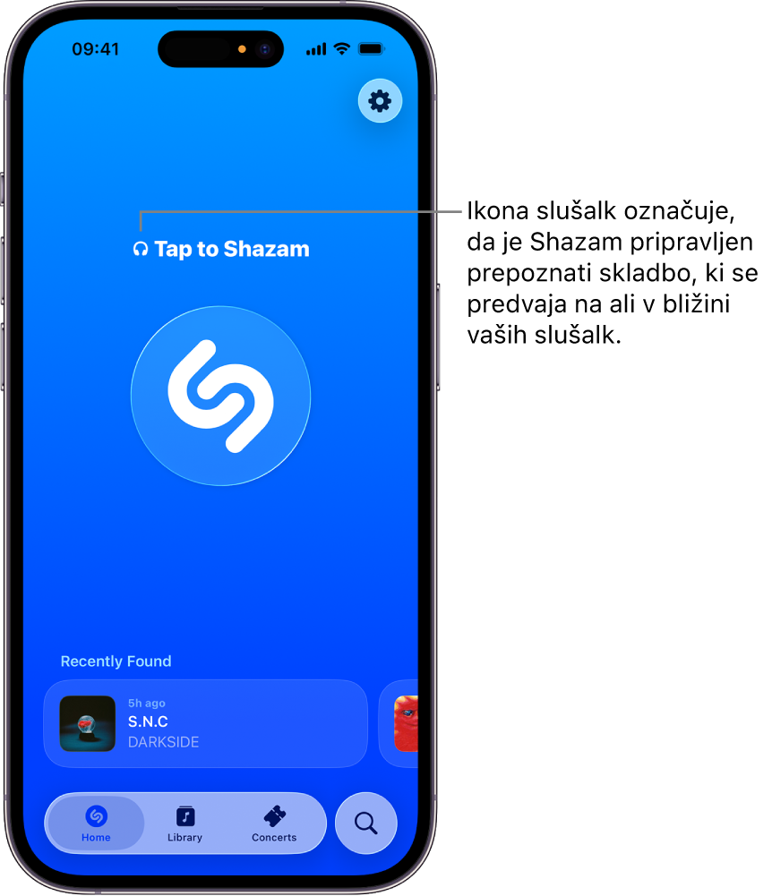 Začetni zaslon aplikacije Shazam prikazuje povezane slušalke