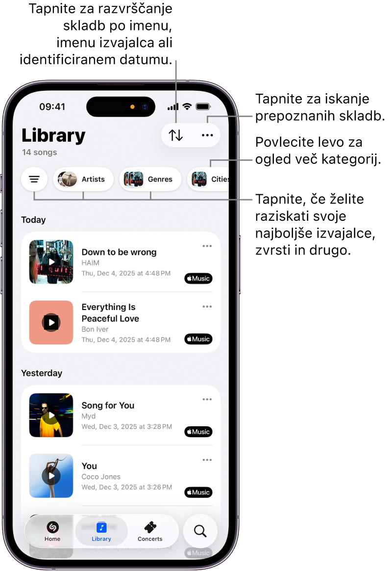 Library v aplikaciji Shazam prikazuje možnosti iskanja in razvrščanja