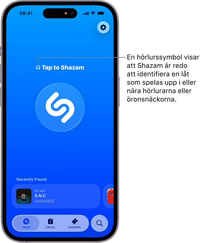 Hemskärmen i appen Shazam visar anslutna hörlurar