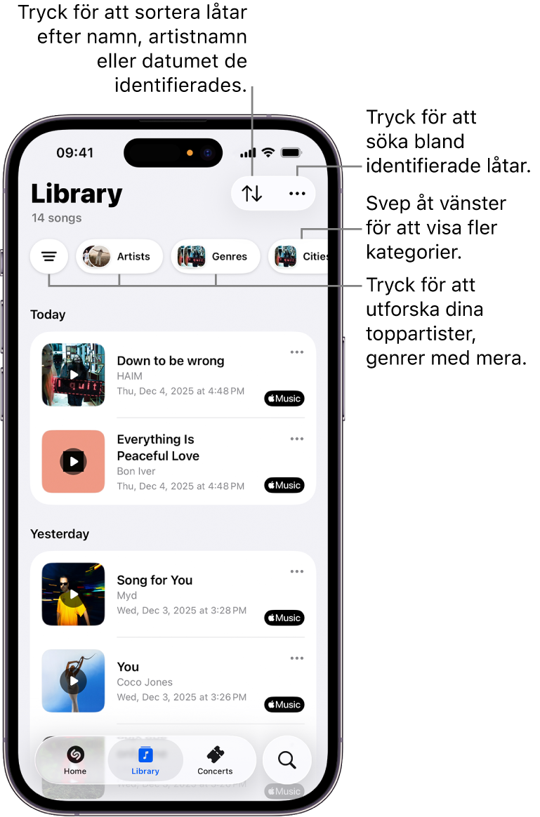Biblioteket i appen Shazam visar alternativ för sökning och sortering.