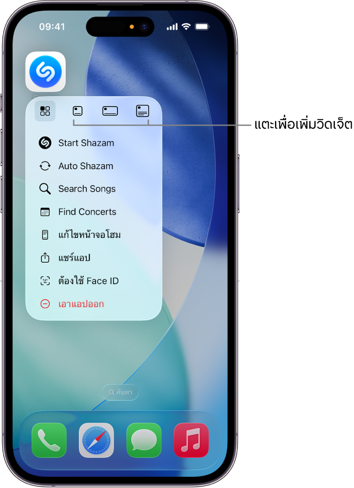 เมนูไอคอนแอป Shazam ที่แสดงขึ้นซึ่งแสดงตัวเลือกวิดเจ็ตบนหน้าจอโฮม iPhone