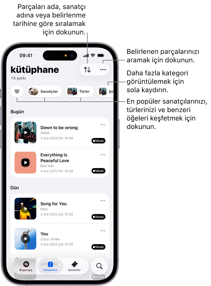 Shazam uygulamasındaki Kütüphane arama ve sıralama seçeneklerini gösteriyor