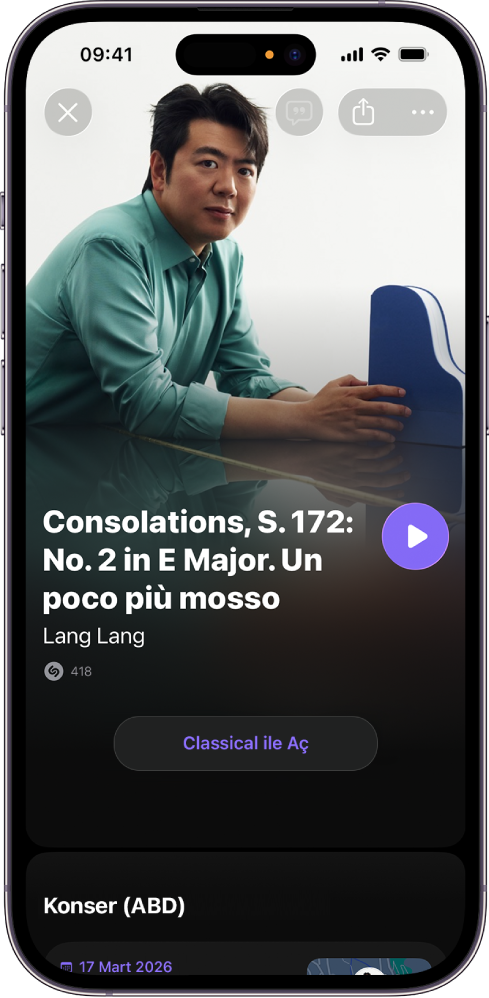 Shazam uygulaması parça ekranında klasik şarkı belirleme sonucu ve Apple Music Classical’da aç düğmesi görüntüleniyor.