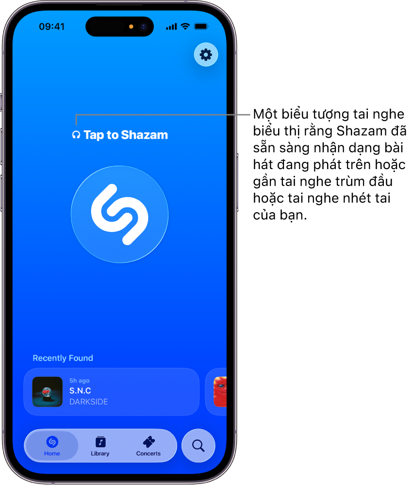 Màn hình chính của ứng dụng Shazam đang hiển thị tai nghe đã kết nối
