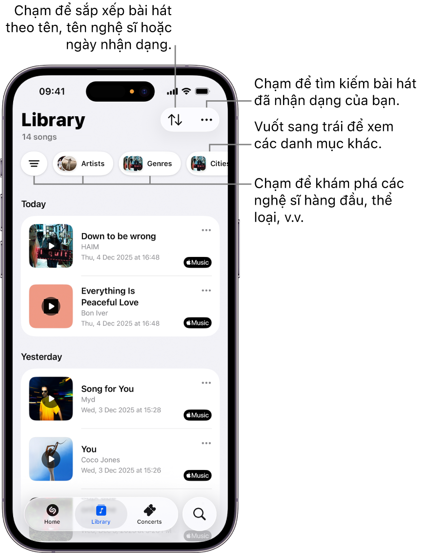 Library (Thư viện) trong ứng dụng Shazam đang hiển thị các tùy chọn tìm kiếm và sắp xếp