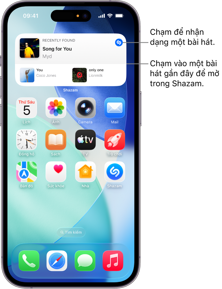 Màn hình chính của iPhone đang hiển thị tiện ích Shazam