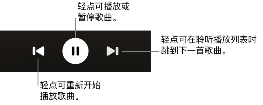 “播放中”屏幕播放控制，包括“上一首”按钮、“播放/暂停”按钮以及“下一首”按钮