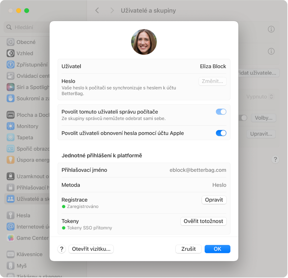 Okno Macu zobrazující uživatele přihlášeného pomocí SSO na platformě.