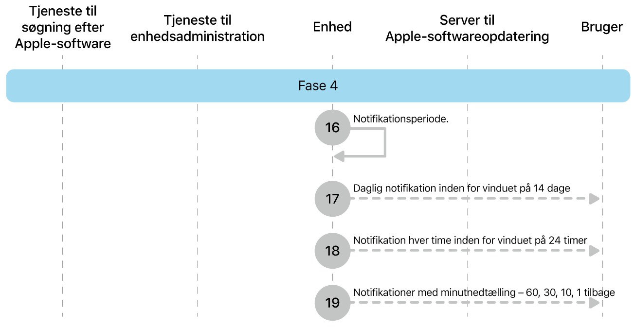 Fase 4 viser trin 16 til 19 til gennemtvingelse af Apple-softwareopdatering.