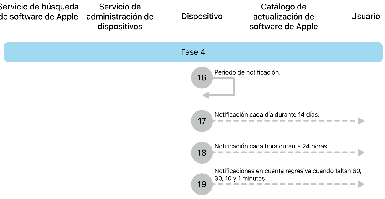 La cuarta fase mostrando los pasos del 16 al 19 de la imposición de actualización de software de Apple.