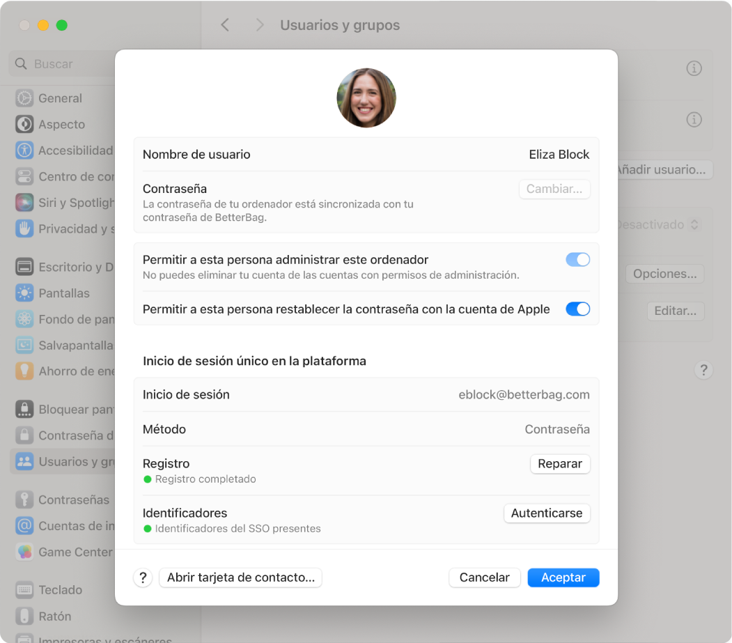 Una ventana del Mac que muestra a un usuario que ha utilizado el inicio de sesión único en plataforma para iniciar sesión.