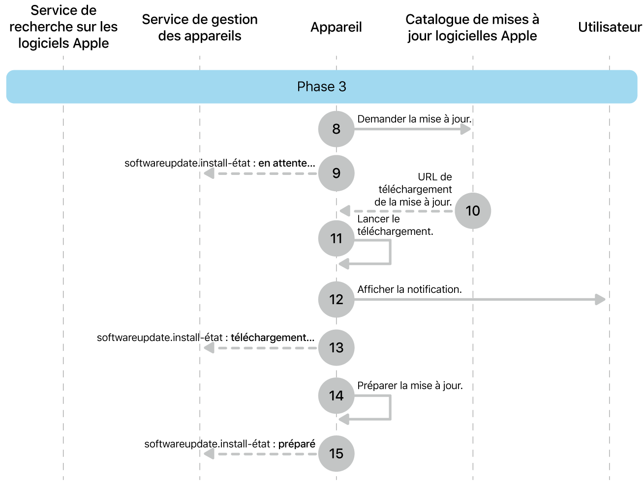 Phase 3 montrant les étapes 8 à 16 de l’application de la mise à jour logicielle d’Apple.