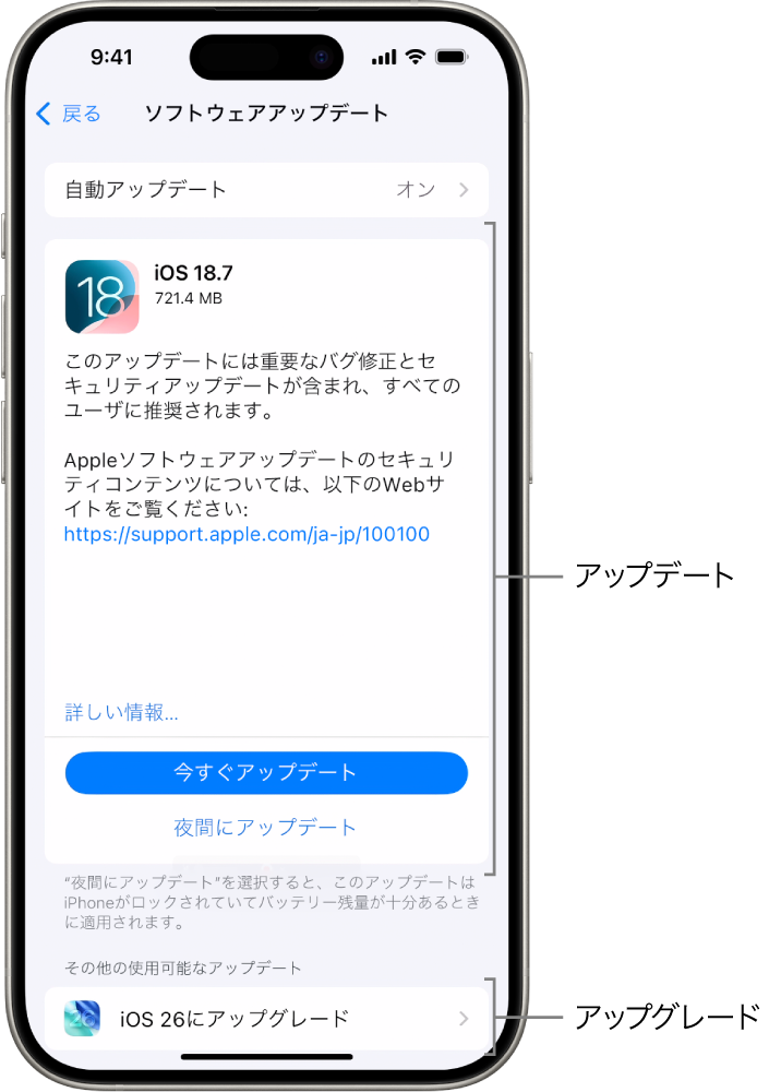 iPhoneの画面。iOS 18.7にアップデートするのかiOS 26にアップグレードするのかが表示されています。