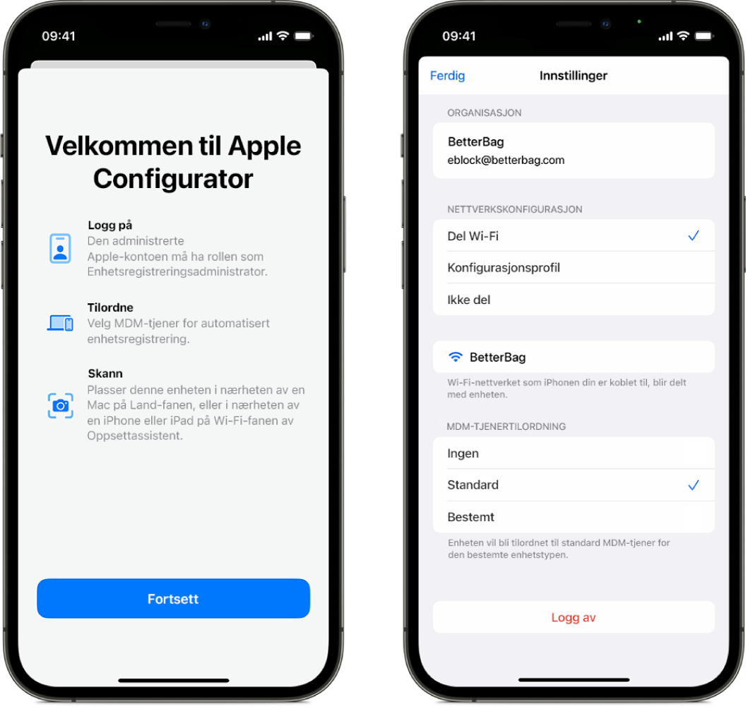 Et bilde av Apple Configurator for iPhone, med to skjermer. På den ene vises velkomstvinduet og på den andre vises standard tjeneste for enhetsadministrering valgt som automatisk tilordning for enheter.