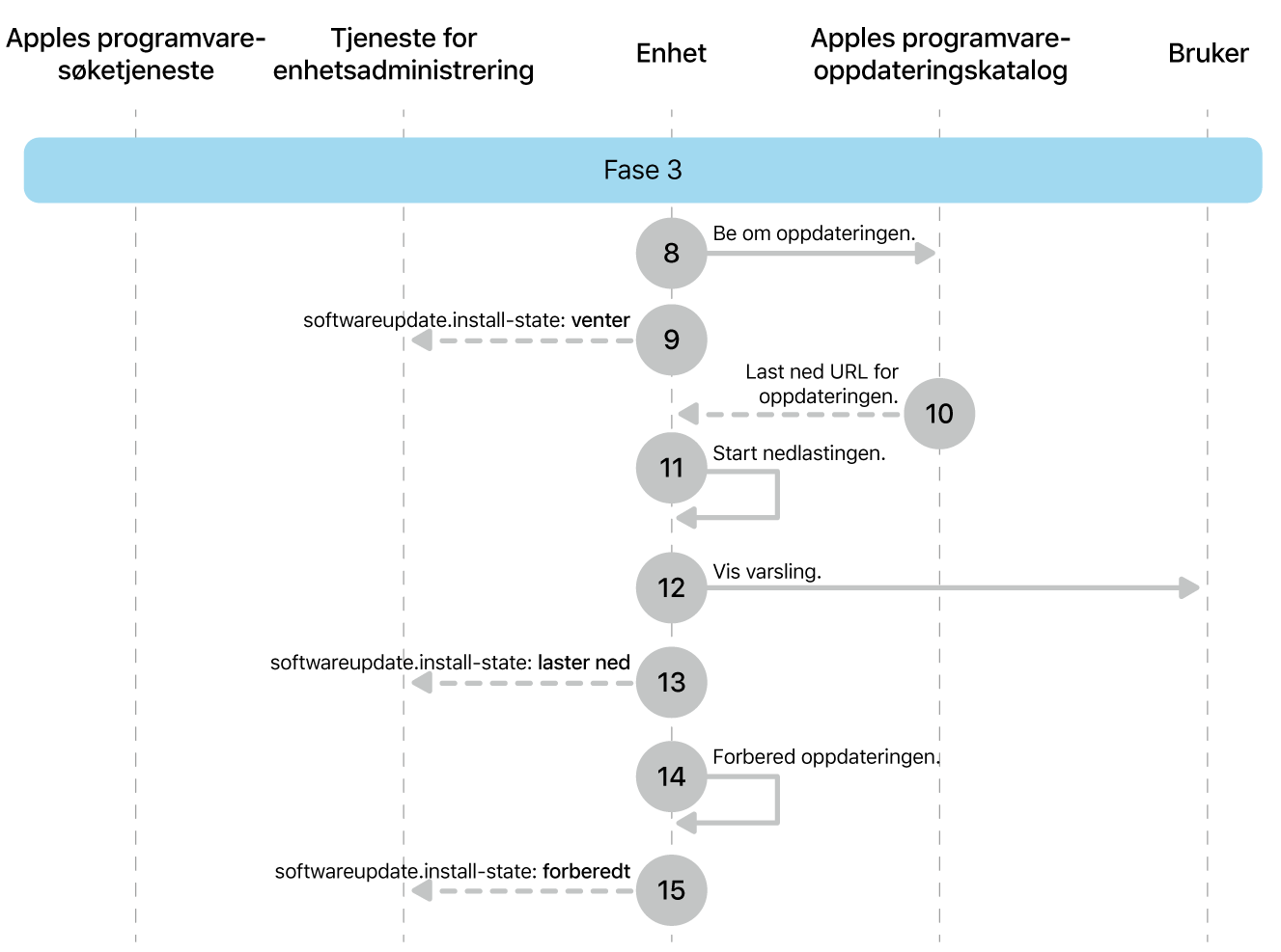 Fase 3 viser trinn 8 til 16 for håndheving av oppdatering av Apple-programvare.