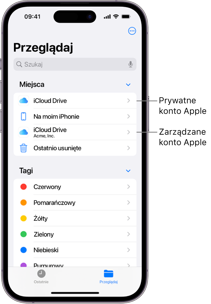 Ekran iPhone’a wyświetlający dwa dyski iCloud Drive, jeden używający osobistego konta Apple, a drugi używający zarządzanego konta Apple.