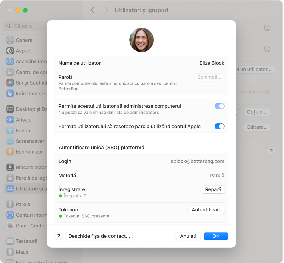 Fereastră Mac afișând un utilizator autentificat folosind SSO la nivel de platformă.