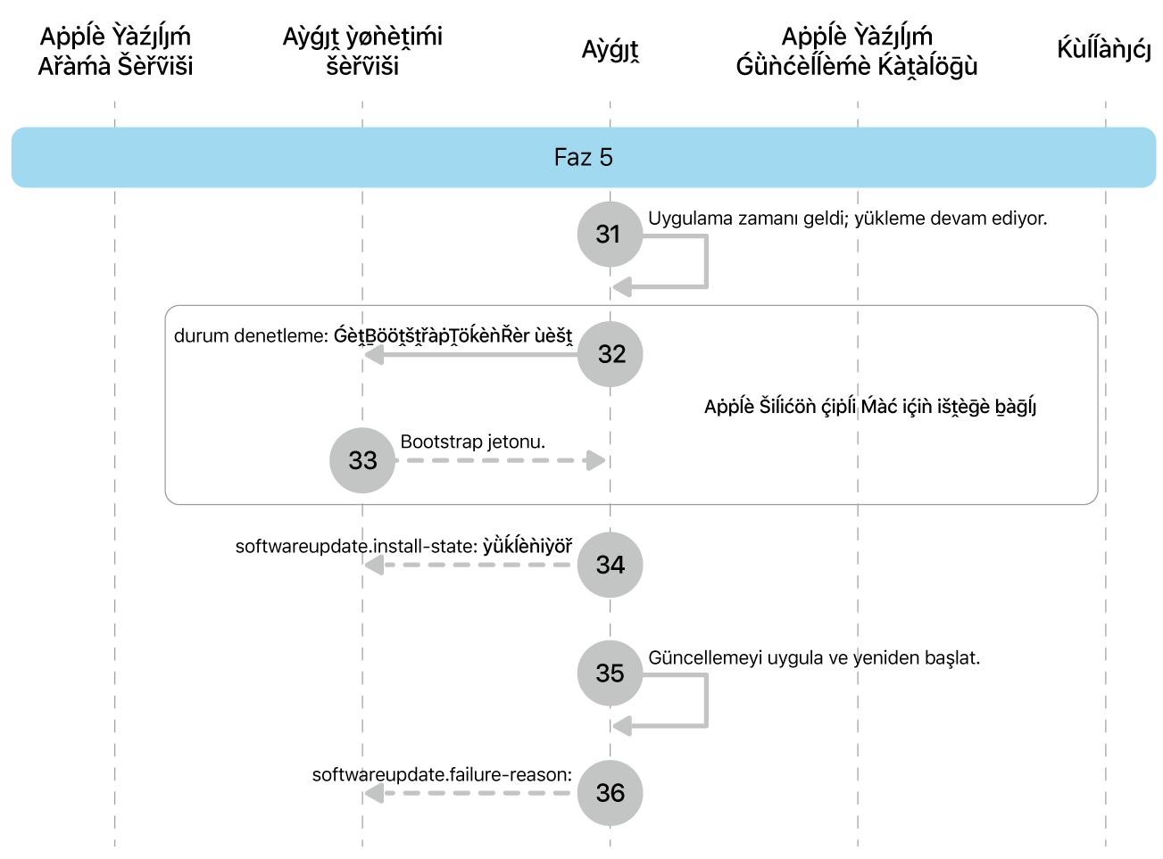 Apple yazılım güncellemelerini uygulatmanın 20 ila 25. adımlarını gösteren 5. aşama.