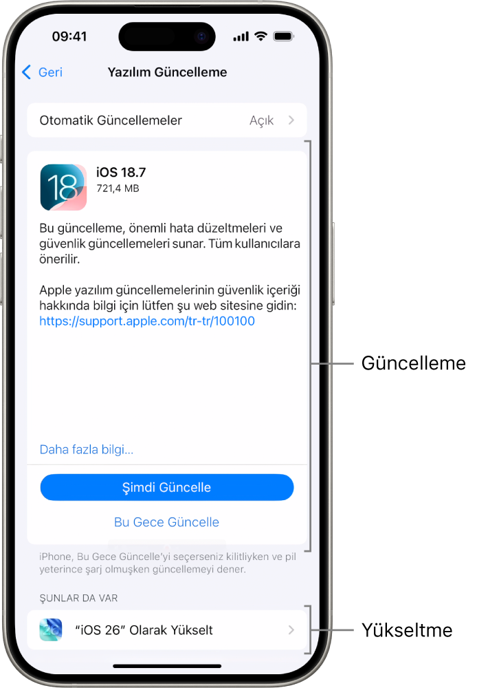 iOS 18.7 güncellemesini veya iOS 26 yükseltmesini gösteren bir iPhone ekranı.