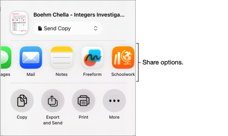 Share button commands showing first section of share options with Classwork.