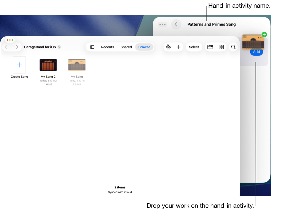2つの書類が開いたファイルアプリが左側に、「Patterns and Primes Song（パターンと素数の歌）」のアクティビティが開いたスクールワークが右側に表示されているSplit View。