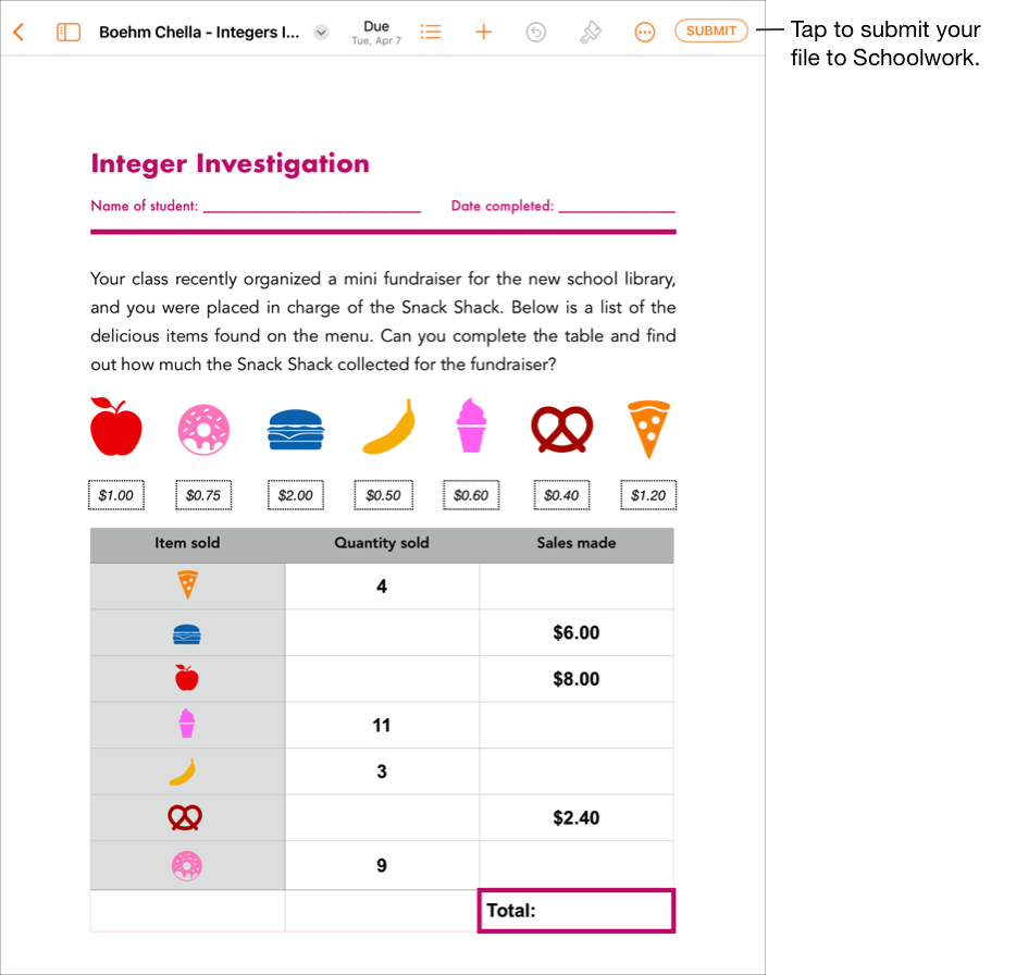 학생의 협업 파일 샘플입니다. 문서를 스쿨워크에 제출할 준비가 되면 학생은 iWork Pages 앱 윈도우의 오른쪽 상단에서 제출을 탭합니다.