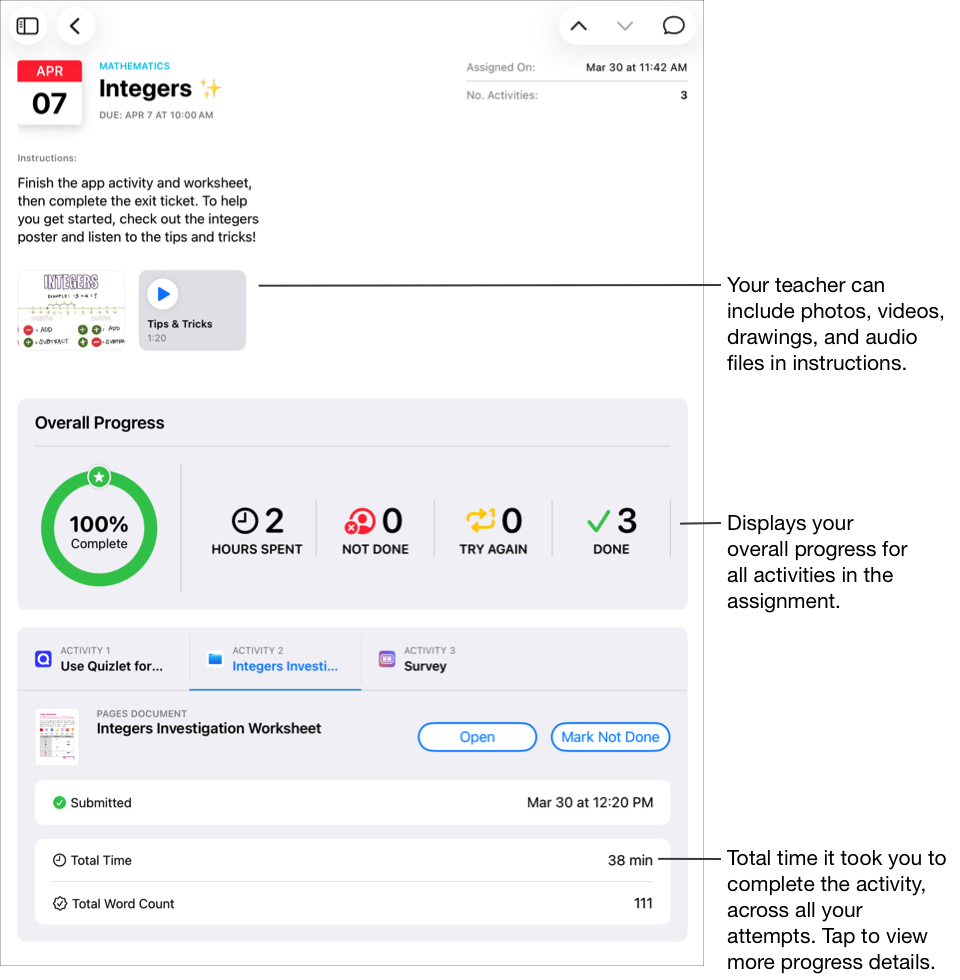 Exemplo de trabalho, Números inteiros, para uma turma de Matemática que mostra instruções e três atividades. O professor pode incluir fotografias, vídeos, desenhos e ficheiros de áudio nas instruções. A app&nbsp;TPC apresenta o Progresso geral de todas as atividades no trabalho. Nos dados relativos ao progresso para a atividade selecionada, a app&nbsp;TPC apresenta a duração total e a contagem de palavras total. Para ver mais detalhes, toque nos dados relativos ao progresso para uma atividade individual