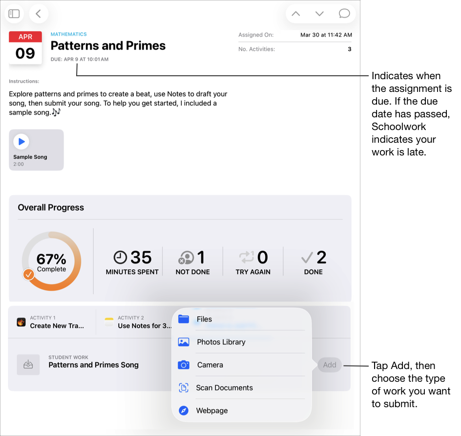 Exemplo de trabalho, Padrões e números primos, para uma turma de Matemática. Na parte superior da janela, a app&nbsp;TPC mostra a data e hora limite do trabalho. Se a data limite for ultrapassada, a app&nbsp;TPC indica que o trabalho está em atraso. O pedido de entrega do trabalho é selecionado. Para efetuar a entrega, toque em Adicionar e, em seguida, selecione o tipo de trabalho que pretende entregar.