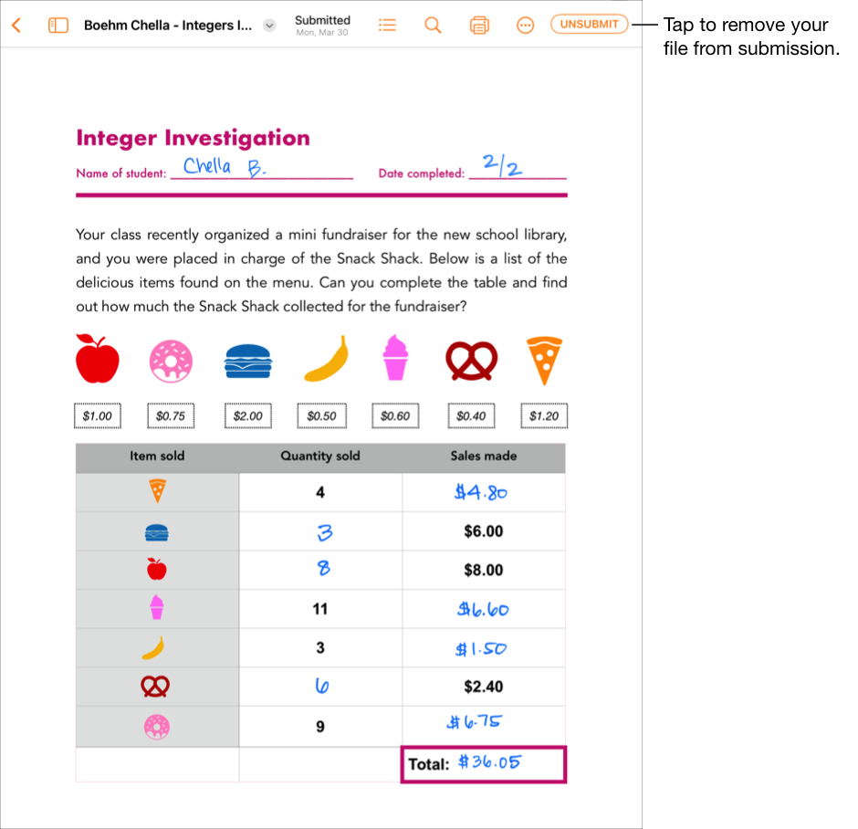 Exempel på en studerandes samarbetsfil. En studerande som behöver ta bort dokumentet från Skolarbete trycker på Ångra inskick uppe till höger i fönstret för iWork-appen Pages.