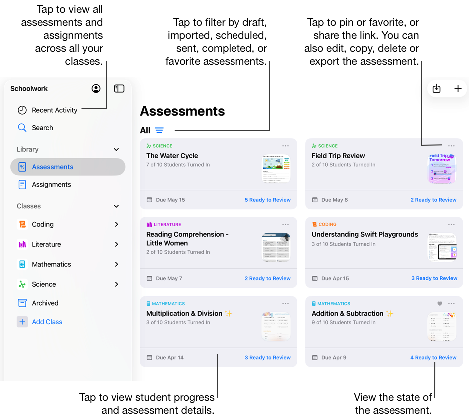 La vista avaluacions mostra totes les avaluacions de totes les classes. Toca el botó Filtrar i, després, Esborranys, Importades, Programades, Enviades, Completades o Favorites. A banda de avaluacions, la barra lateral de l’app Tasques inclou Activitat recent, Cerques, Tasques, quatre vistes de classe (Programació, Literatura, Matemàtiques i Ciències) i la vista arxiu de classe. Per veure el progrés de l’alumne i detalls de l’avaluació, toca una avaluació. Les fitxes d’avaluacions mostren l’estat de l’avaluació. Amb el botó “Més opcions” pots destacar o marcar com a favorita l’avaluació o la tasca, o bé compartir-ne l’enllaç. També pots editar, copiar, eliminar o exportar l’avaluació o la tasca. També pots tocar “Activitat recent” per consultar totes les avaluacions i tasques de totes les classes.