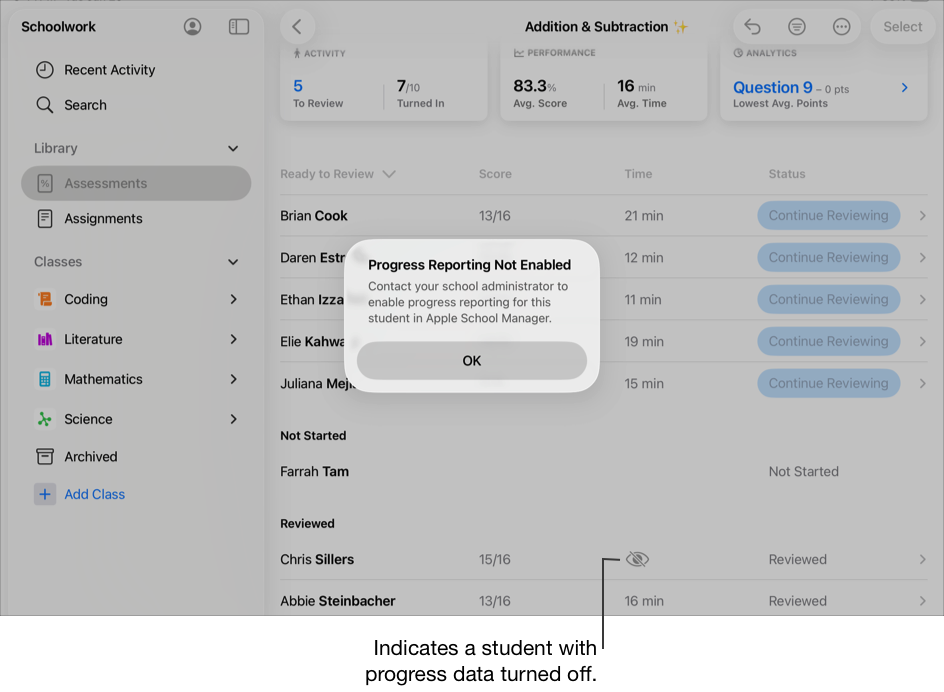 A sample assessment details view showing detailed results for the selected assessment, including the No Progress icon in a student row indicating a student with progress data turned off and the student progress data pop-up pane specifying progress data is turned off for the student.