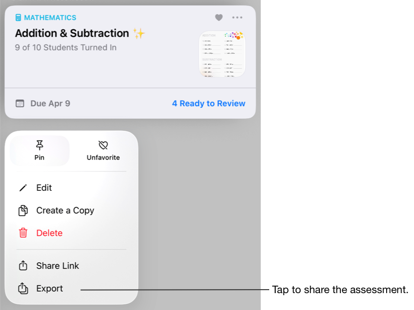 Et eksempel på et evalueringskort. Tryk på Eksporter for at dele evalueringen.