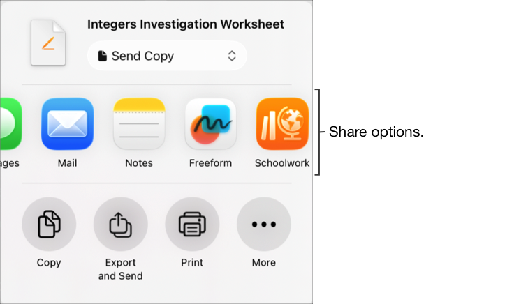 Share button commands showing first section of share options with Classwork and second section of share actions below.