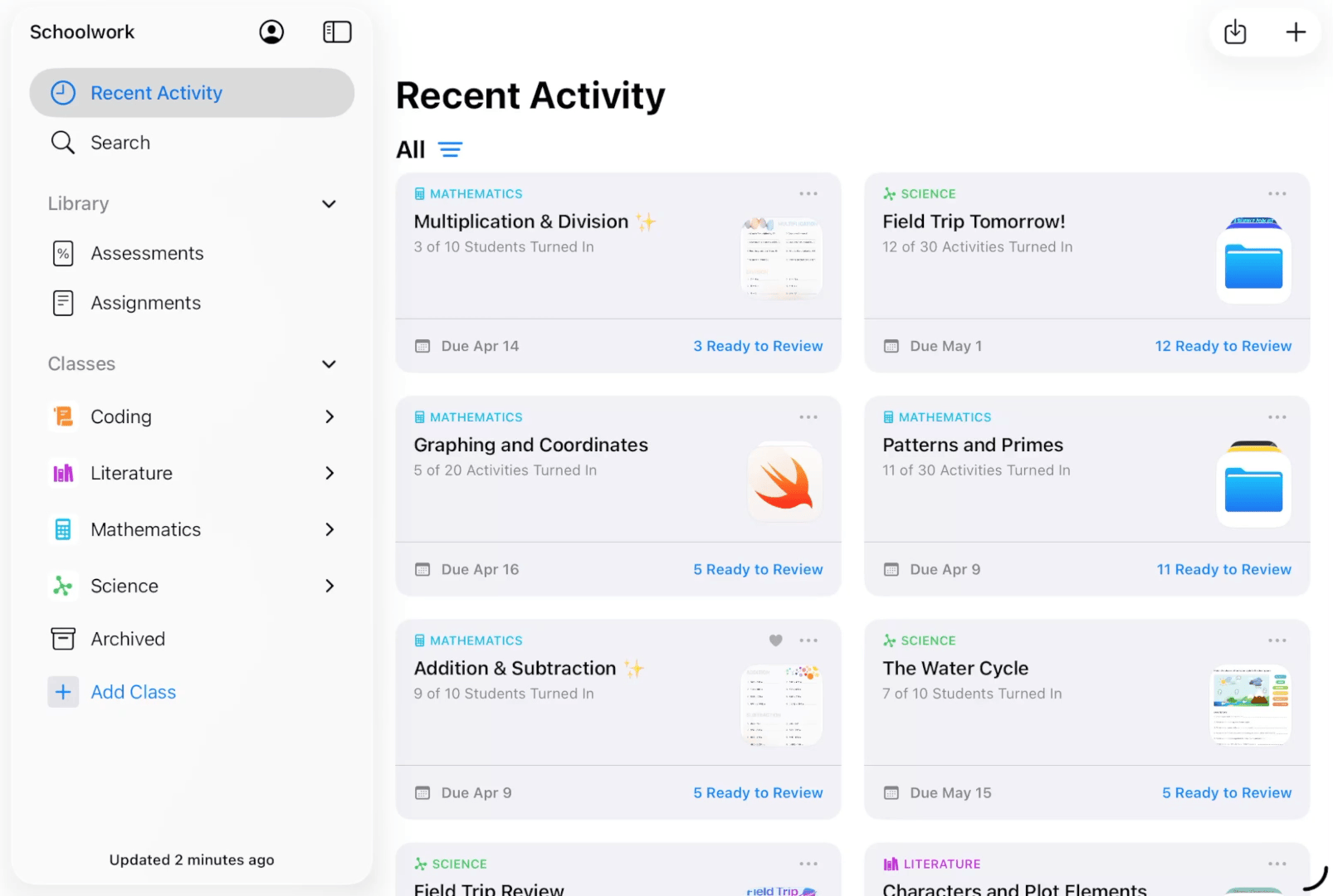 A sample GIF file showing how to view assignment and activity progress in Classwork.
