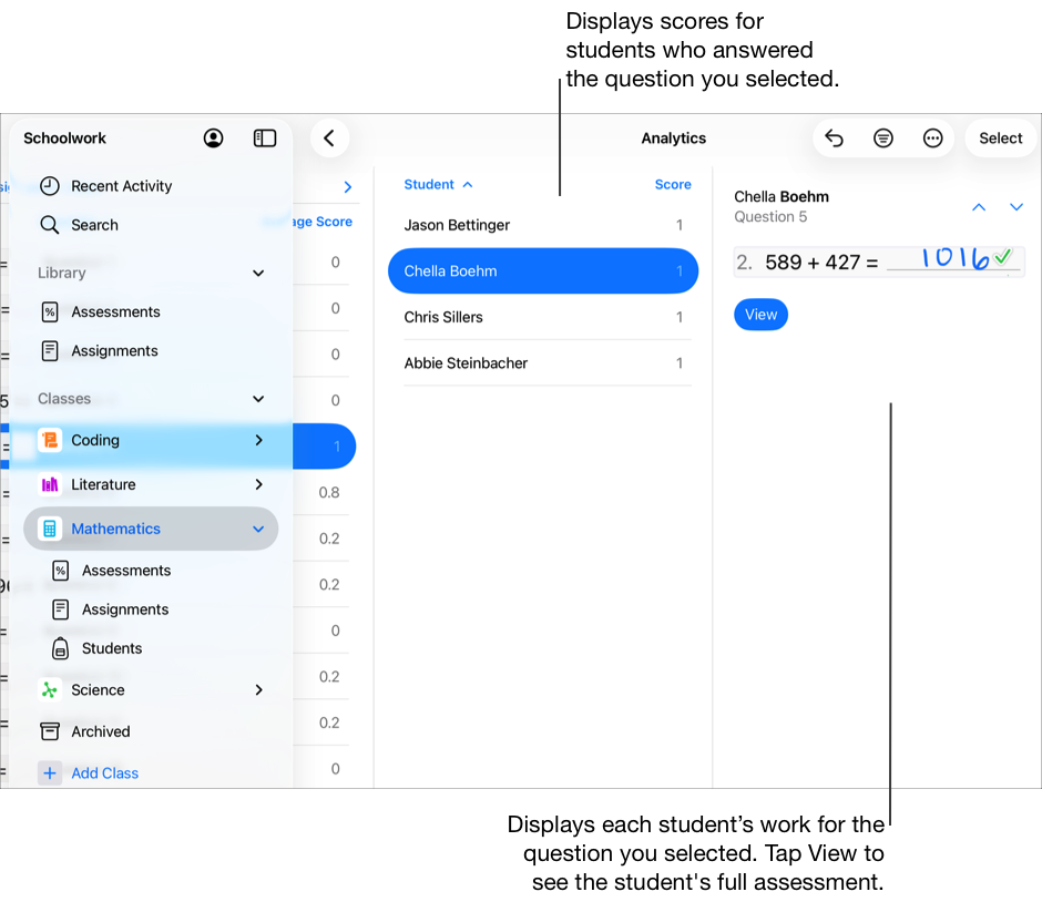A sample Analytics view displaying scores for students who answered the question you selected. You can also view each student’s work for the question you selected, then tap View to see the student’s full assessment.