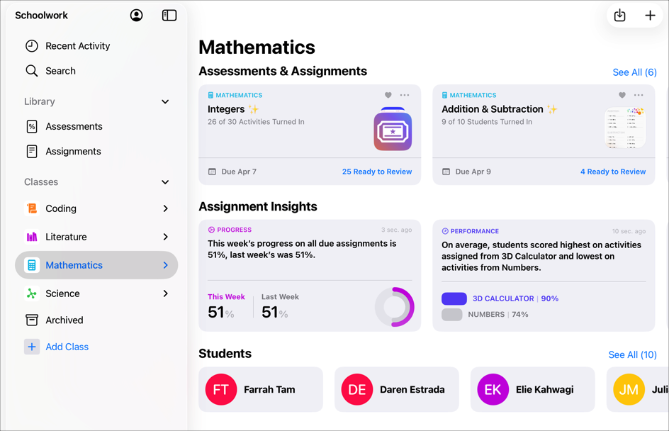 A sample class view showing work due, class insights and students. To see how an individual student is doing on all their work and determine if they need extra challenges or attention, tap a student name.