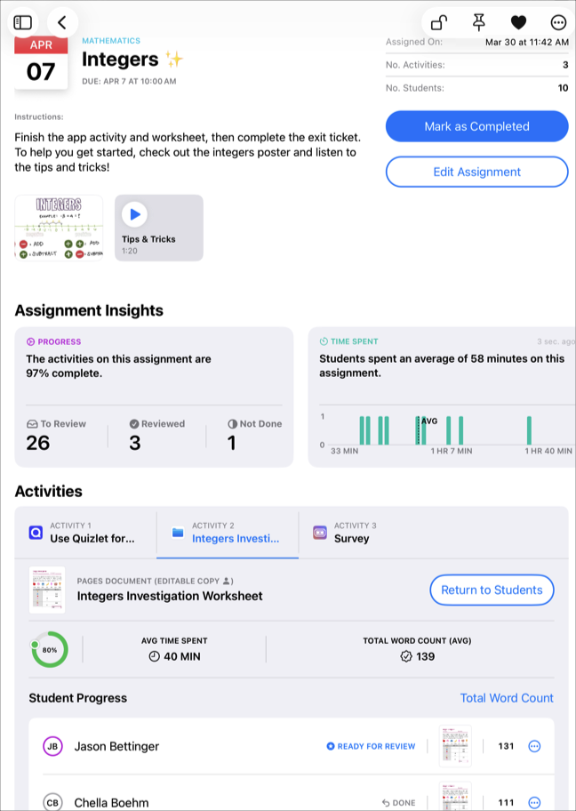 A sample assignment details view showing detailed progress data for the selected activity. Use time spent insights to see how much time your students are spending on the activity.