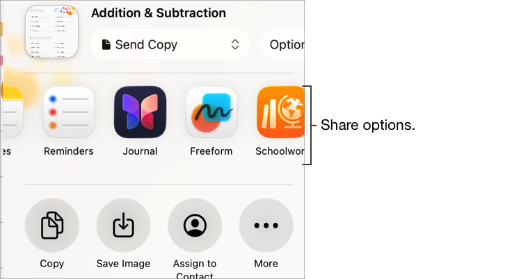 Share button commands showing first section of share options with Schoolwork, and second section of share actions below.