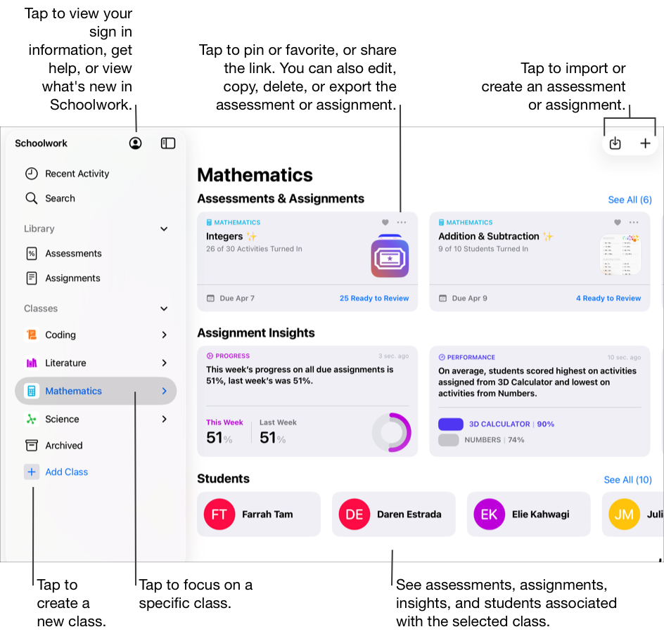 A sample class view, Mathematics, showing one assignment, one assessment, two insights, and four students. Use the class view to focus on a specific class, including assessments, assignments, insights, and students associated with the selected class. To import an assessment or assignment, tap the Import button in the upper-right corner. To create an assessment or assignment, tap the Create button in the upper-right corner. To create a new class, tap Add Class in the sidebar. Tap the More Options button to pin or favorite the assessment or assignment, or share the link. You can also edit, copy, delete, or export the assessment or assignment. You can also tap the My Account button to view your sign in information, get help, or view what’s new in Schoolwork.