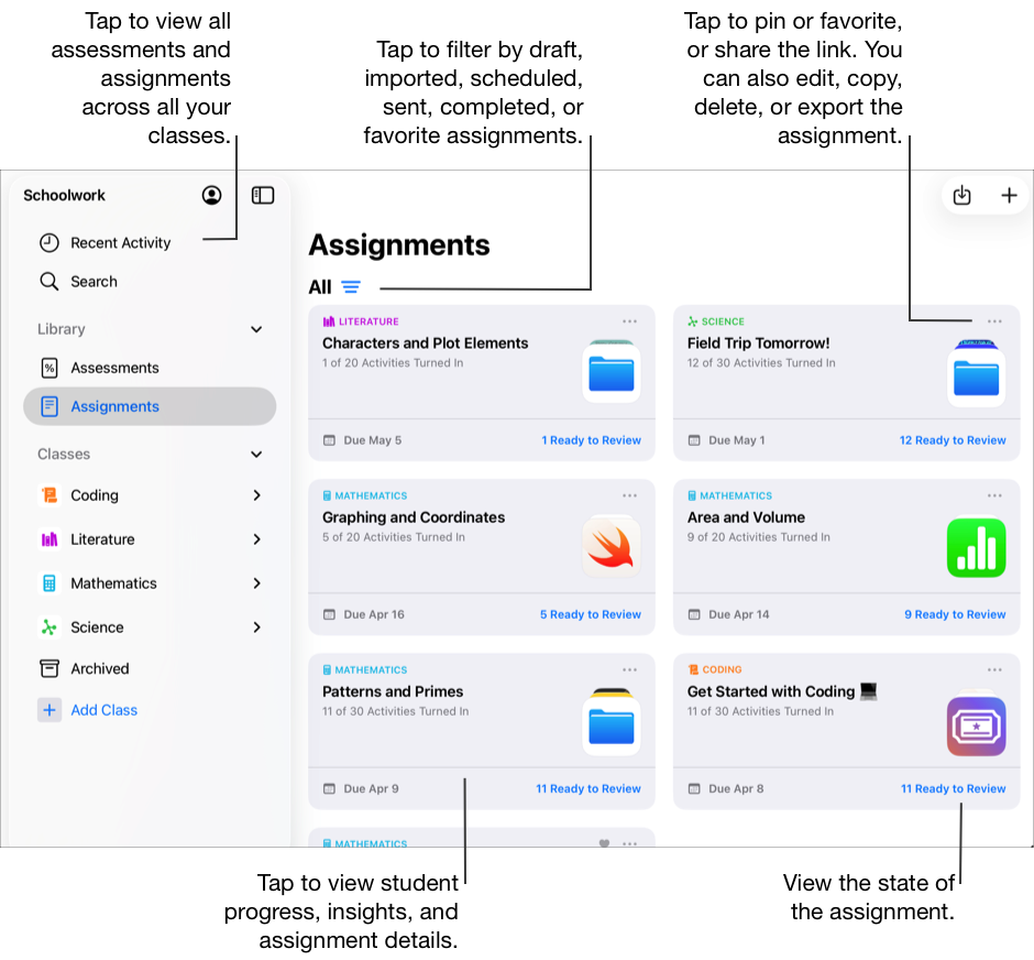 Assignments view showing all assignments across all your classes. Tap the Filter button, then tap Drafts, Imported, Scheduled, Sent, Completed, or Favorites. In addition to Assignments, the Schoolwork sidebar contains Recent Activity, Search, Assessments, four class views (Coding, Literature, Mathematics, and Science), and the class archive view. To view student progress, insights, and assignment details, tap an assignment. Assignment cards display the state of the assignment. Tap the More Options button to pin or favorite the assessment or assignment, or share the link. You can also edit, copy, delete, or export the assessment or assignment. You can also tap Recent Activity to view all assessments and assignments across all your classes.