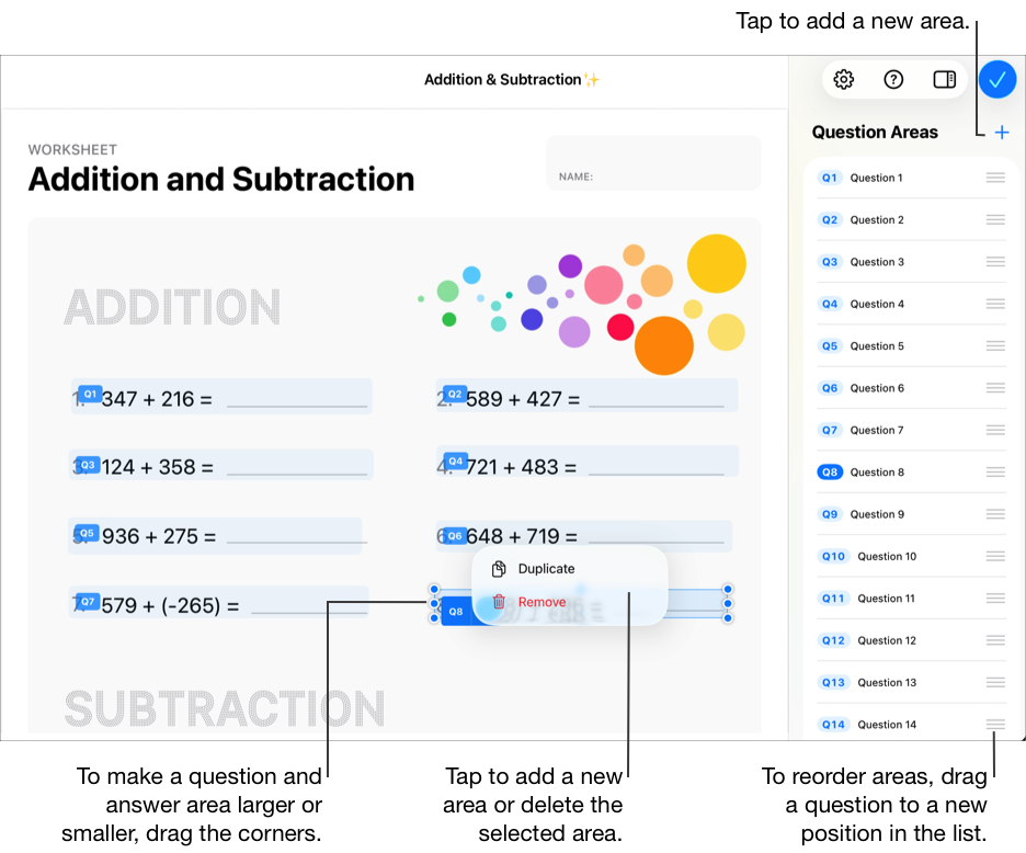 Archivo de evaluación de ejemplo preparado para configurar áreas de preguntas y respuestas. Para ampliar o reducir un área de preguntas y respuestas, arrastra las esquinas. Para añadir otra área o eliminar el área seleccionada, toca Duplicar o Eliminar. Para añadir un área, toca el botón Añadir en las áreas de preguntas. Para cambiar el orden de las áreas, toca y mantén pulsada una pregunta en la lista “Áreas de preguntas” y arrástrala a una nueva posición en la lista.