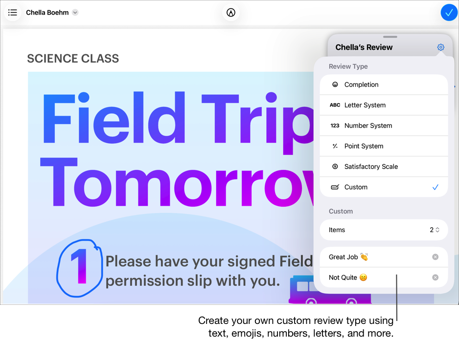 Ejemplo de evaluación de un estudiante lista para que la revises con el tipo de revisión Personalizado. Puedes crear tu propio tipo de revisión personalizado con texto, emojis, números, letras y mucho más.