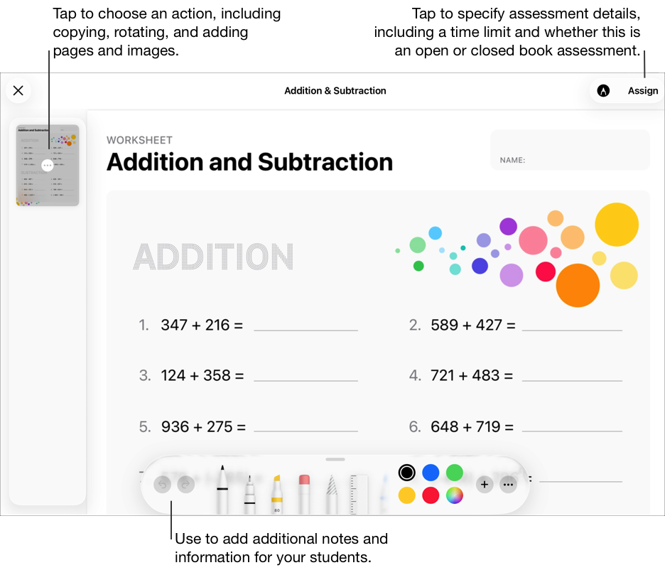 Exemple d’une évaluation prête à être attribuée à vos élèves. Servez‑vous des outils d’annotation pour ajouter des notes ou informations supplémentaires pour vos élèves. Touchez le bouton Plus d’options pour modifier l’évaluation, notamment grâce aux options Rotation à gauche, Rotation à droite ou Insérer une page vierge. Touchez Assigner pour définir des détails concernant l’évaluation, y compris une limite de temps et s’il s’agit d’une évaluation à livre ouvert ou à livre fermé.