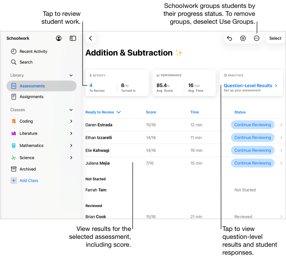 Contoh tampilan detail evaluasi yang memperlihatkan hasil untuk evaluasi yang dipilih. Schoolwork akan mengelompokkan murid berdasarkan status kemajuan mereka. Untuk menghapus grup, ketuk tombol Opsi Lainnya, lalu batalkan pilihan Gunakan Grup. Untuk meninjau pekerjaan murid, ketuk jumlah murid Untuk Ditinjau di kartu Aktivitas. Untuk melihat hasil tingkat pertanyaan dan respons masing-masing murid, ketuk kartu Analisis.